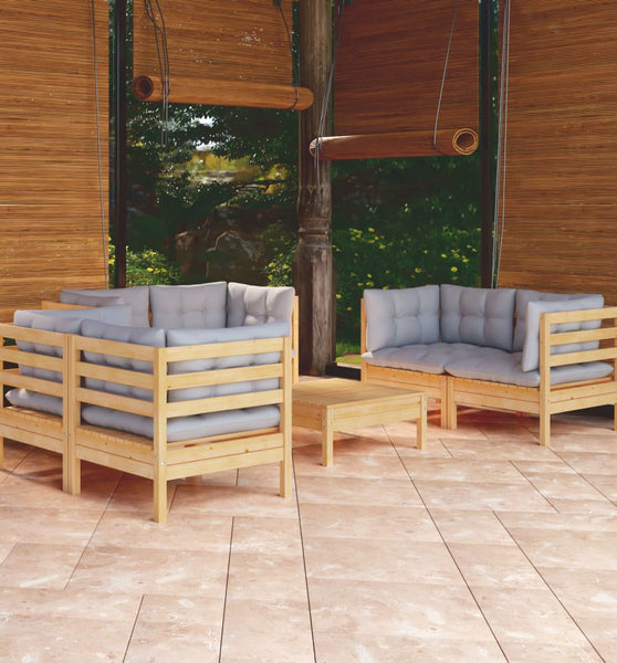 7-tlg. Garten-Lounge-Set mit Grauen Kissen Kiefer Massivholz