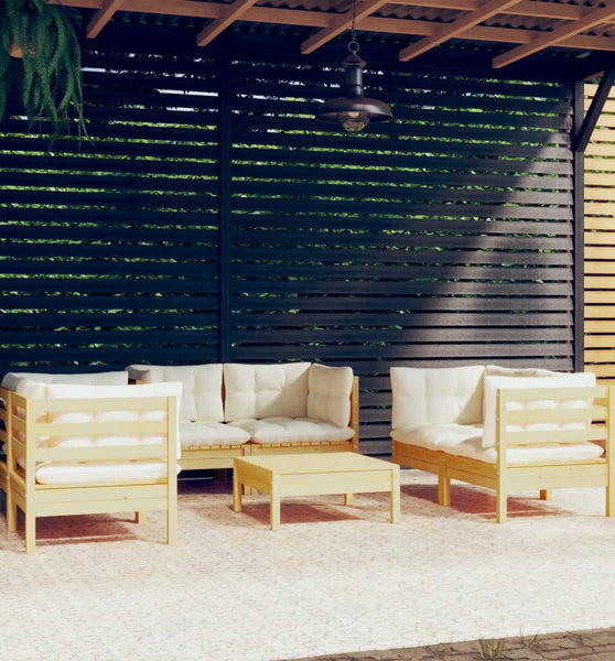 7-tlg. Garten-Lounge-Set mit Creme Kissen Massivholz Kiefer