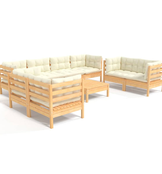 9-tlg. Garten-Lounge-Set mit Creme Kissen Kiefer Massivholz