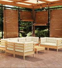 9-tlg. Garten-Lounge-Set mit Creme Kissen Kiefer Massivholz