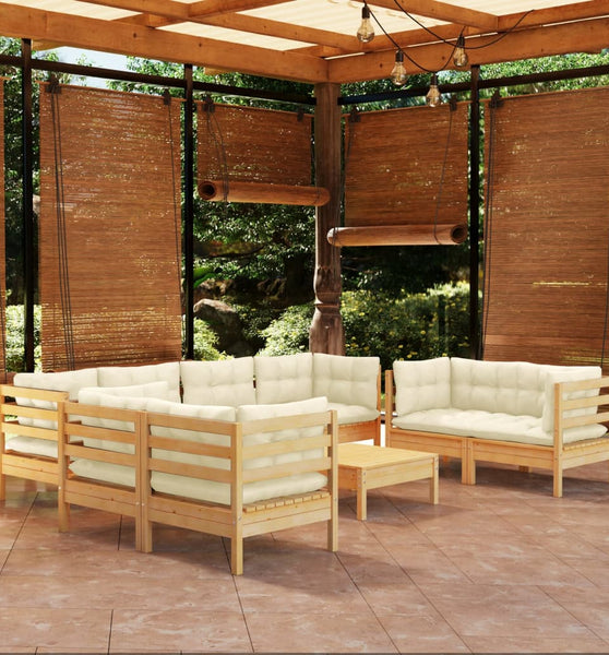 9-tlg. Garten-Lounge-Set mit Creme Kissen Kiefer Massivholz