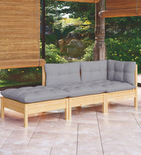 3-tlg. Garten-Lounge-Set mit Grauen Kissen Kiefer Massivholz