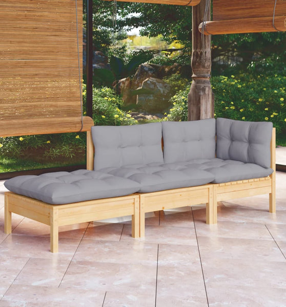 3-tlg. Garten-Lounge-Set mit Grauen Kissen Kiefer Massivholz