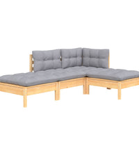 4-tlg. Garten-Lounge-Set mit Grauen Kissen Kiefer Massivholz