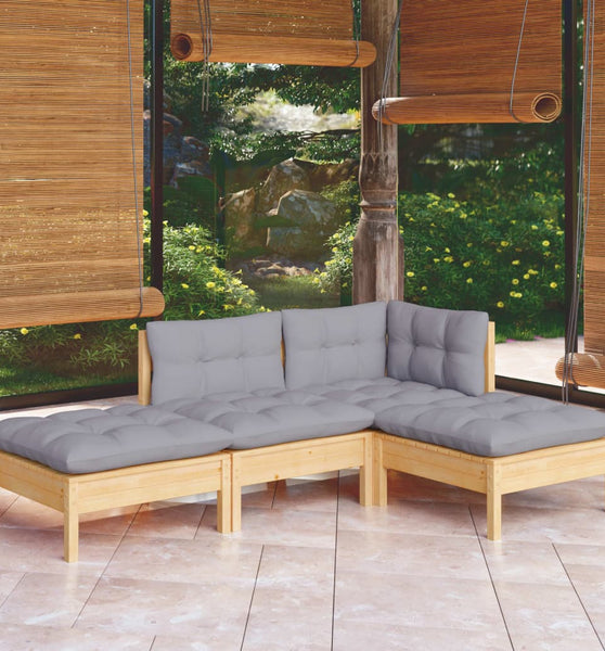 4-tlg. Garten-Lounge-Set mit Grauen Kissen Kiefer Massivholz