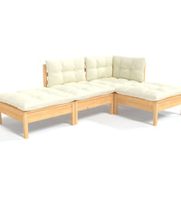 4-tlg. Garten-Lounge-Set mit Creme Kissen Kiefer Massivholz