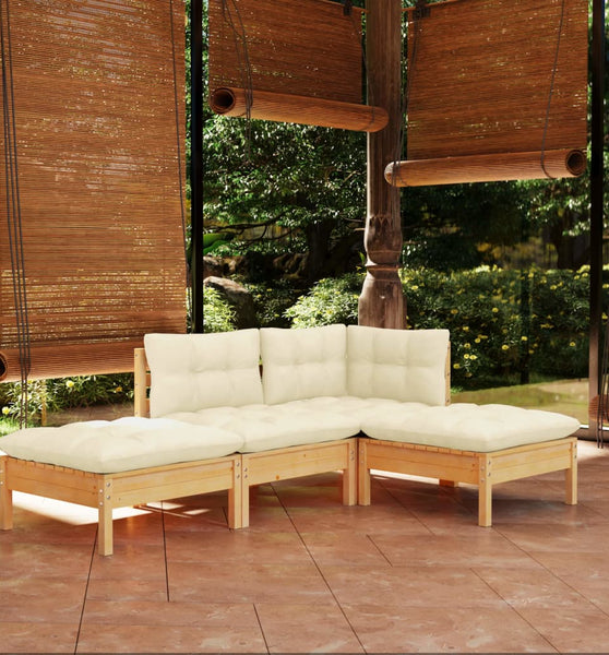 4-tlg. Garten-Lounge-Set mit Creme Kissen Kiefer Massivholz