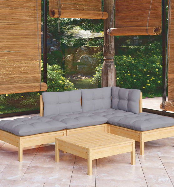 5-tlg. Garten-Lounge-Set mit Grauen Kissen Kiefernholz