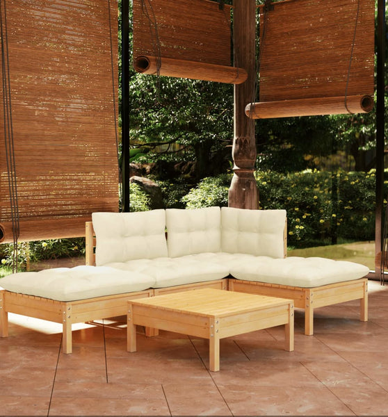 5-tlg. Garten-Lounge-Set mit Creme Kissen Kiefernholz