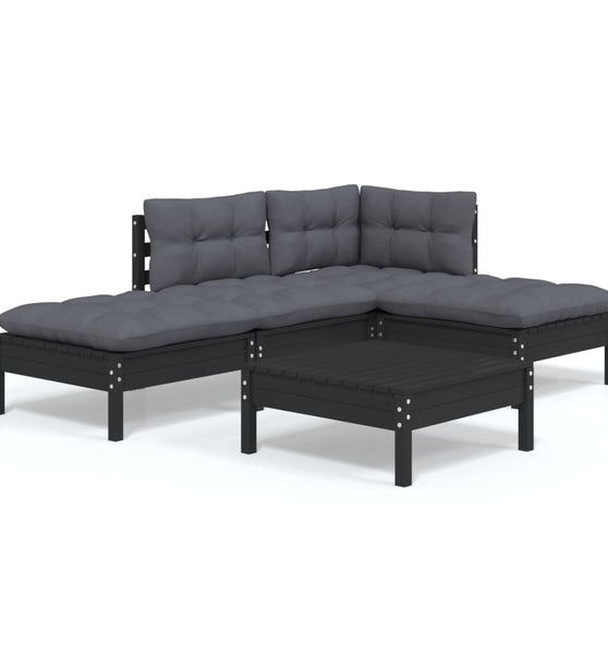 5-tlg. Garten-Lounge-Set mit Kissen Schwarz Kiefernholz