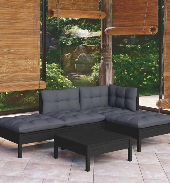 5-tlg. Garten-Lounge-Set mit Kissen Schwarz Kiefernholz