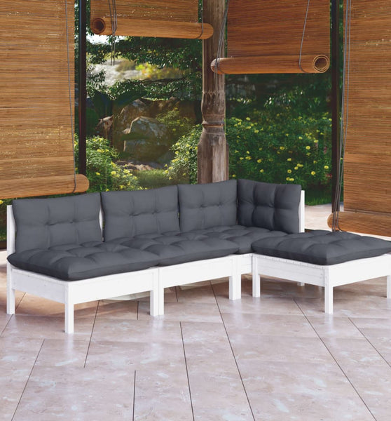 4-tlg. Garten-Lounge-Set mit Kissen Weiß Kiefernholz