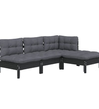 4-tlg. Garten-Lounge-Set mit Kissen Schwarz Kiefernholz