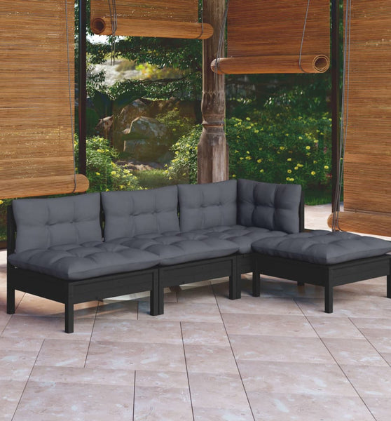 4-tlg. Garten-Lounge-Set mit Kissen Schwarz Kiefernholz