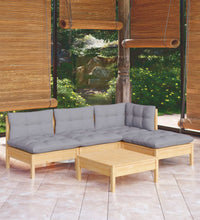 5-tlg. Garten-Lounge-Set mit Grauen Kissen Kiefernholz