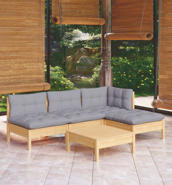 5-tlg. Garten-Lounge-Set mit Grauen Kissen Kiefernholz