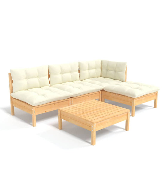 5-tlg. Garten-Lounge-Set mit Creme Kissen Kiefernholz