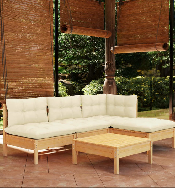 5-tlg. Garten-Lounge-Set mit Creme Kissen Kiefernholz