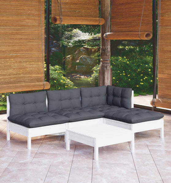 5-tlg. Garten-Lounge-Set mit Kissen Weiß Kiefernholz