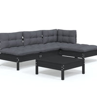 5-tlg. Garten-Lounge-Set mit Kissen Schwarz Kiefernholz