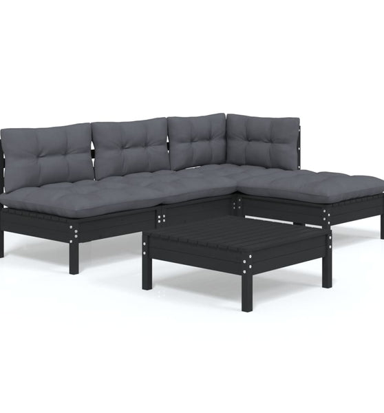 5-tlg. Garten-Lounge-Set mit Kissen Schwarz Kiefernholz