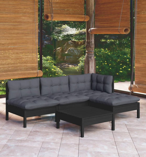 5-tlg. Garten-Lounge-Set mit Kissen Schwarz Kiefernholz