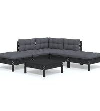 6-tlg. Garten-Lounge-Set mit Kissen Schwarz Kiefernholz