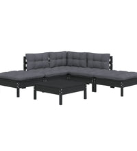 6-tlg. Garten-Lounge-Set mit Kissen Schwarz Kiefernholz