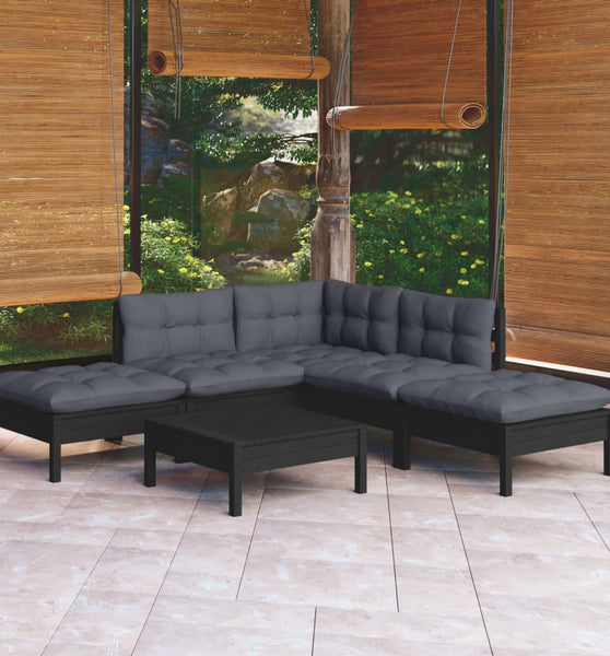 6-tlg. Garten-Lounge-Set mit Kissen Schwarz Kiefernholz