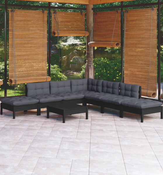 8-tlg. Garten-Lounge-Set mit Kissen Schwarz Kiefernholz