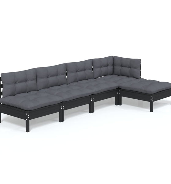 5-tlg. Garten-Lounge-Set mit Kissen Schwarz Kiefernholz