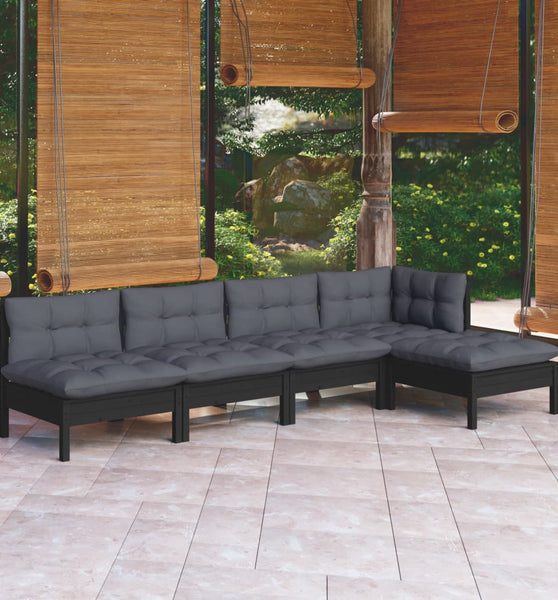 5-tlg. Garten-Lounge-Set mit Kissen Schwarz Kiefernholz