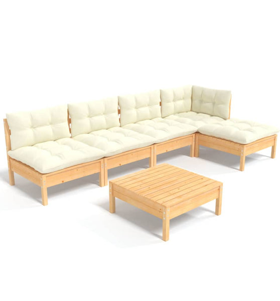 6-tlg. Garten-Lounge-Set mit Creme Kissen Kiefernholz