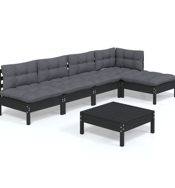 6-tlg. Garten-Lounge-Set mit Kissen Schwarz Kiefernholz