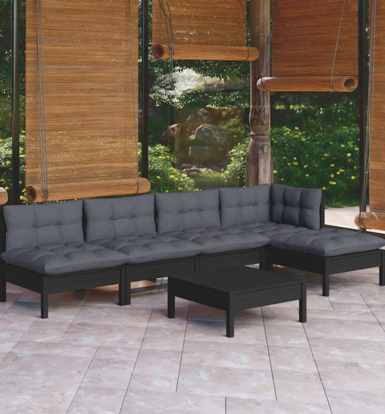 6-tlg. Garten-Lounge-Set mit Kissen Schwarz Kiefernholz