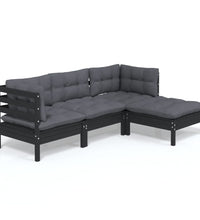 4-tlg. Garten-Lounge-Set mit Kissen Schwarz Kiefernholz