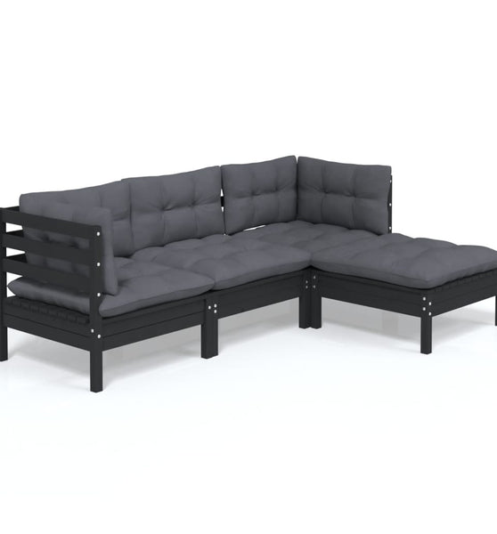 4-tlg. Garten-Lounge-Set mit Kissen Schwarz Kiefernholz