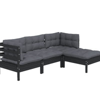 4-tlg. Garten-Lounge-Set mit Kissen Schwarz Kiefernholz