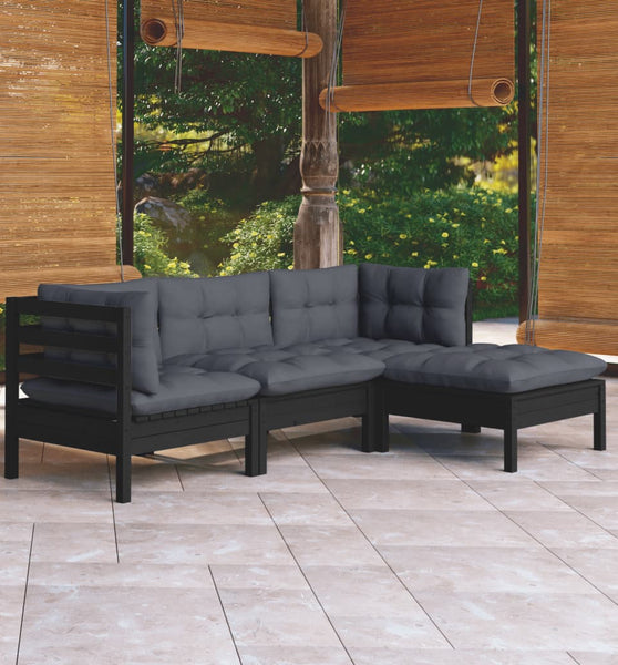 4-tlg. Garten-Lounge-Set mit Kissen Schwarz Kiefernholz