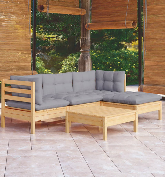 5-tlg. Garten-Lounge-Set mit Grauen Kissen Kiefernholz