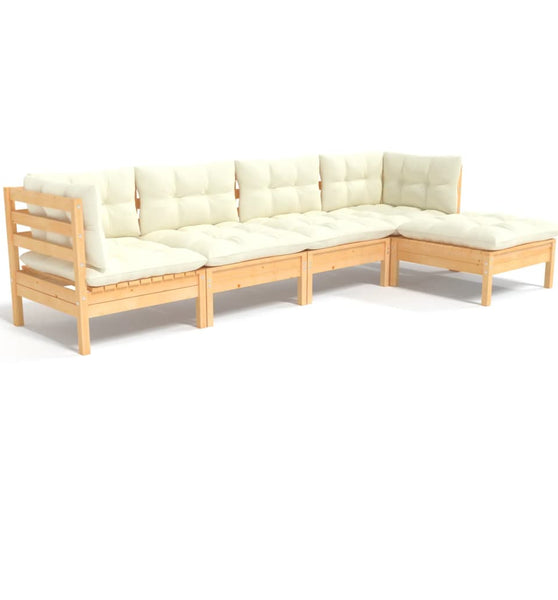 5-tlg. Garten-Lounge-Set mit Creme Kissen Kiefernholz