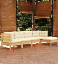 5-tlg. Garten-Lounge-Set mit Creme Kissen Kiefernholz