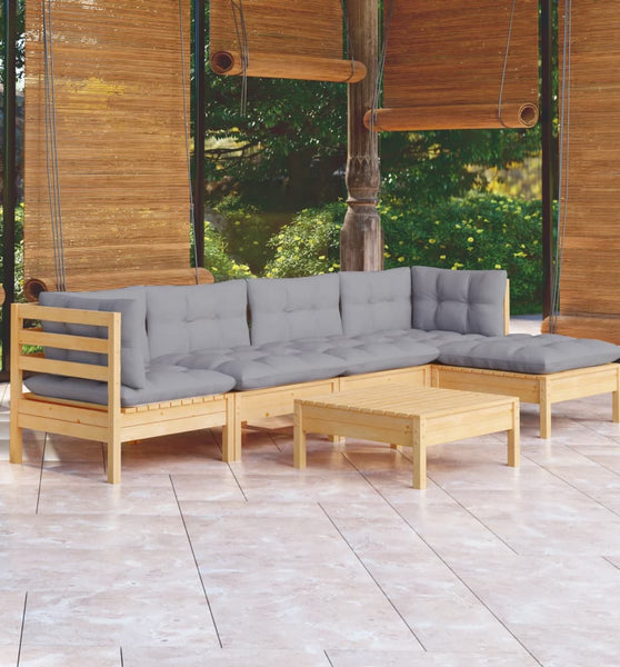 6-tlg. Garten-Lounge-Set mit Grauen Kissen Kiefernholz