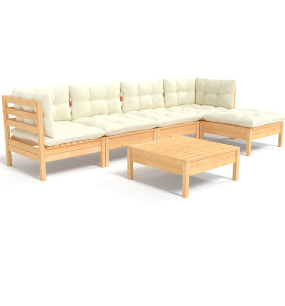 6-tlg. Garten-Lounge-Set mit Creme Kissen Kiefernholz