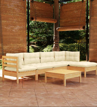 6-tlg. Garten-Lounge-Set mit Creme Kissen Kiefernholz