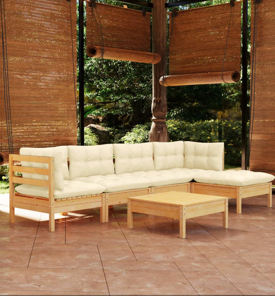 6-tlg. Garten-Lounge-Set mit Creme Kissen Kiefernholz