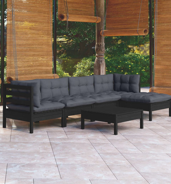 6-tlg. Garten-Lounge-Set mit Kissen Schwarz Kiefernholz