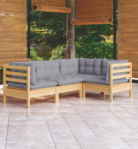 4-tlg. Garten-Lounge-Set mit Grauen Kissen Kiefernholz