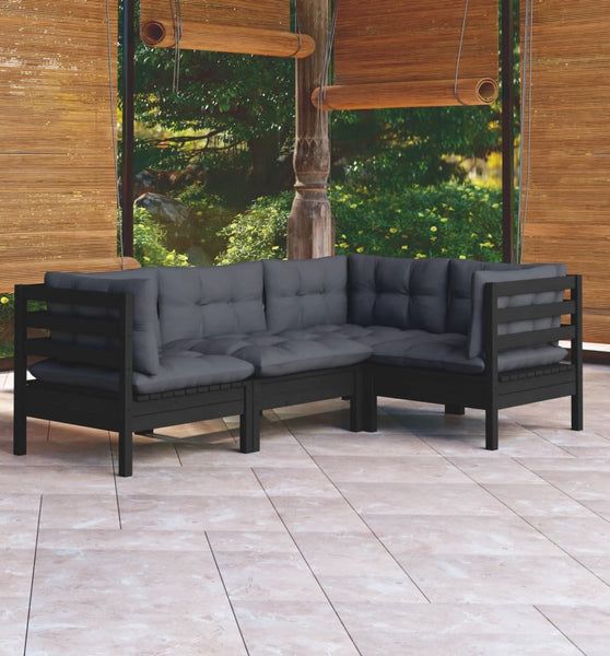 4-tlg. Garten-Lounge-Set mit Kissen Schwarz Kiefernholz