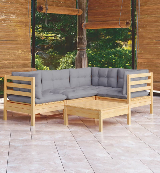 5-tlg. Garten-Lounge-Set mit Grauen Kissen Kiefernholz